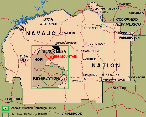 Nation Navajo et Réserve Hopi
Réserve Hopi d'origine, Black Mesa ajoutée suite à une décision du Congrès de 1974 et du pseudo "conflit Navajo-Hopi".
Keywords: nation navajo;réserve hopi;black mesa;big mountain;peabody coal black mesa;charbon en terre navajo;navajos;hopis;barry goldwater 1974